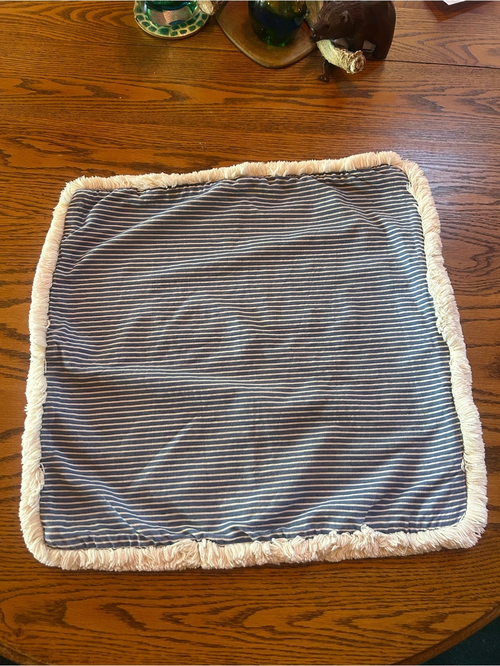 Vintage Ralph Lauren Blue Ticking Stripe Fringe Pillow Cover